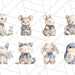May include: A set of eight adorable animal illustrations featuring a leopard, mouse, rabbit, bear, bat, cat, bunny, and penguin. Each animal is dressed in a blue and white floral patterned outfit with a bow tie.