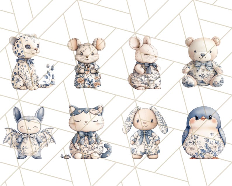 May include: A set of eight adorable animal illustrations featuring a leopard, mouse, rabbit, bear, bat, cat, bunny, and penguin. Each animal is dressed in a blue and white floral patterned outfit with a bow tie.