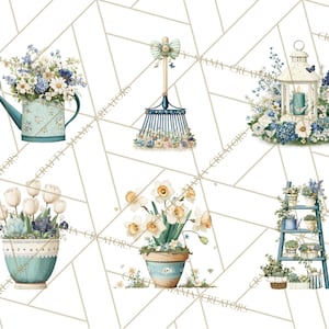 May include: Watercolor illustrations of gardening tools and floral arrangements. Featured items include a blue watering can, a rake, a lantern, a flower pot with tulips, a flower pot with daffodils, and a tiered plant stand, all adorned with flowers.