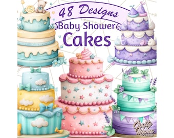 48 Png, Watercolor Baby Shower Cakes, Cupcakes, Tiered Cakes PNG, Pastel Birthday Dessert Clipart, Baby Shower Printable
