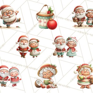 May include: A collection of watercolor illustrations featuring Santa Claus and Mrs. Claus in various poses. The images include Santa dancing, couples holding hands, and Mrs. Claus reading. A Christmas theme with red, white, and green colors.