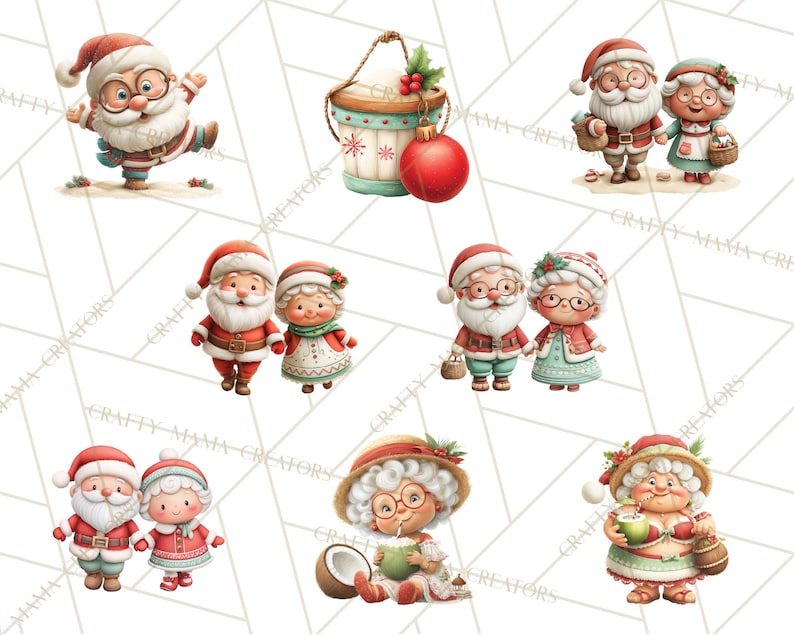 May include: A collection of watercolor illustrations featuring Santa Claus and Mrs. Claus in various poses. The images include Santa dancing, couples holding hands, and Mrs. Claus reading. A Christmas theme with red, white, and green colors.