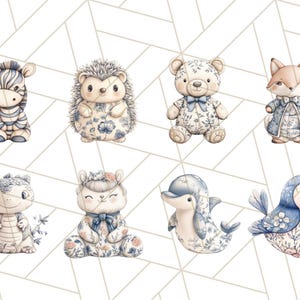 May include: A set of eight adorable animal illustrations featuring a zebra, hedgehog, bear, fox, dragon, bunny, dolphin, and bird. Each animal is dressed in a blue and white floral pattern.