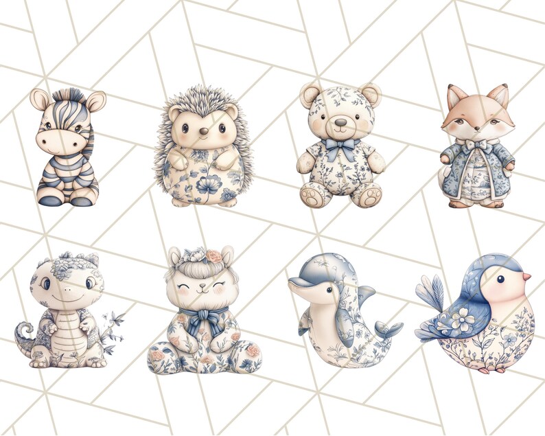 May include: A set of eight adorable animal illustrations featuring a zebra, hedgehog, bear, fox, dragon, bunny, dolphin, and bird. Each animal is dressed in a blue and white floral pattern.