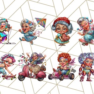 May include: A collection of eight cartoon illustrations of elderly women engaged in various activities. The women are depicted singing, flying a kite, holding a heart, skateboarding, riding a scooter, driving a go-kart, and wearing futuristic armor.