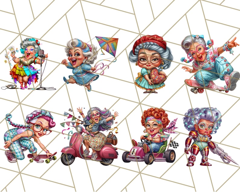 May include: A collection of eight cartoon illustrations of elderly women engaged in various activities. The women are depicted singing, flying a kite, holding a heart, skateboarding, riding a scooter, driving a go-kart, and wearing futuristic armor.