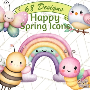 以下が含まれることがあります： 蝶、鳥、蜂、虹、毛虫のイラストが描かれた水彩画のコレクションです。「68 Designs Happy Spring Icons」と書かれています。イラストはパステルカラーです。