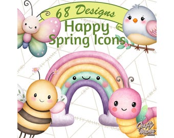68 Png, Happy Spring Icons Clipart, Cute Kawaii Flowers Animals Food PNG, Planner Stickers Printable