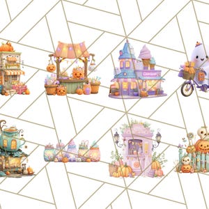 Peut inclure: Ensemble d'illustrations fantaisistes sur le th&egrave;me d'Halloween. Les images pr&eacute;sentent divers b&acirc;timents et personnages, notamment une boutique avec des citrouilles, un stand de bonbons, un fant&ocirc;me &agrave; v&eacute;lo et une boutique de glaces en forme de ch&acirc;teau. La palette de couleurs comprend l'orange, le violet et le sarcelle.