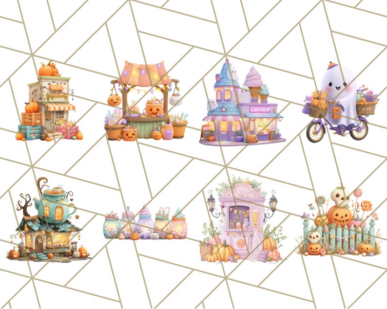 Peut inclure: Ensemble d'illustrations fantaisistes sur le th&egrave;me d'Halloween. Les images pr&eacute;sentent divers b&acirc;timents et personnages, notamment une boutique avec des citrouilles, un stand de bonbons, un fant&ocirc;me &agrave; v&eacute;lo et une boutique de glaces en forme de ch&acirc;teau. La palette de couleurs comprend l'orange, le violet et le sarcelle.