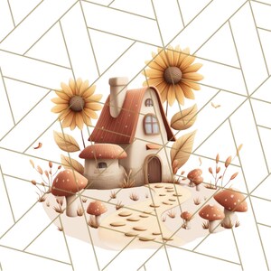 May include: A charming illustration of a fairy house with a red roof, sunflowers, and mushrooms. The house has a stone facade, a chimney, and a small arched door. A path leads to the house, and the background features a geometric pattern.