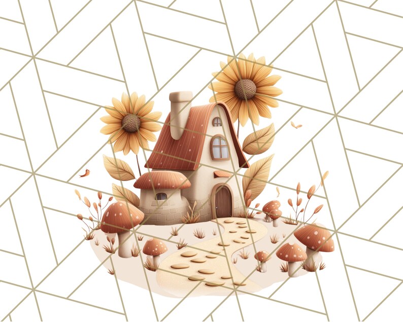 May include: A charming illustration of a fairy house with a red roof, sunflowers, and mushrooms. The house has a stone facade, a chimney, and a small arched door. A path leads to the house, and the background features a geometric pattern.