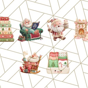 May include: A collection of Christmas-themed illustrations. Santa Claus is depicted in various scenes: reading, enjoying a beverage, and carrying a drink. Other images include a stack of decorated books and a box of Christmas sweaters.
