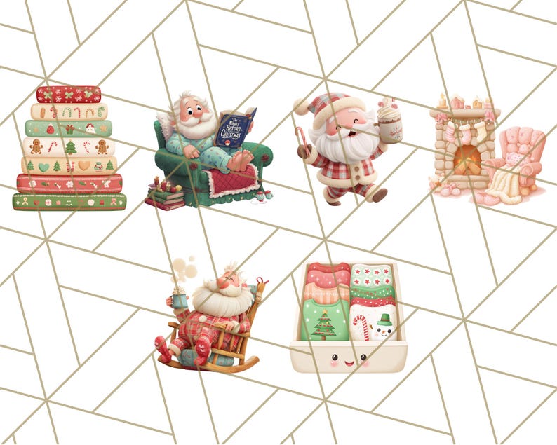 May include: A collection of Christmas-themed illustrations. Santa Claus is depicted in various scenes: reading, enjoying a beverage, and carrying a drink. Other images include a stack of decorated books and a box of Christmas sweaters.