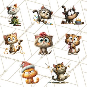 May include: A collection of cartoon cat illustrations in various poses. One cat is on a Christmas tree, another tangled in lights, and others with candy canes or wrapped in ribbon. The cats have expressive eyes and are in a variety of colors.