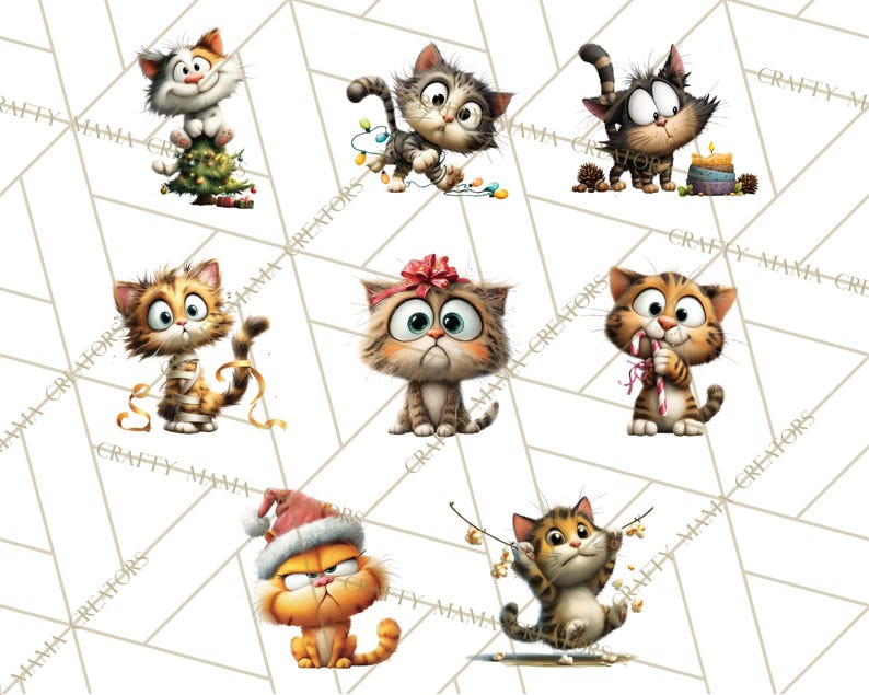 May include: A collection of cartoon cat illustrations in various poses. One cat is on a Christmas tree, another tangled in lights, and others with candy canes or wrapped in ribbon. The cats have expressive eyes and are in a variety of colors.