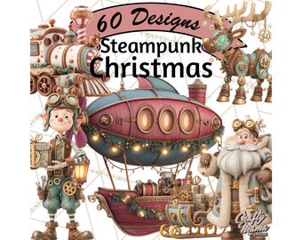 May include: A digital illustration featuring steampunk Christmas designs. The image includes a train, reindeer, airship, Santa Claus, and an elf, all with a vintage, mechanical aesthetic. The color palette is primarily pastel with accents of gold and brown.