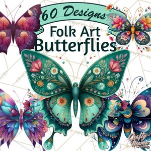 Puede incluir: Una ilustraci&oacute;n digital con varias mariposas de arte popular coloridas. Las mariposas tienen patrones y dise&ntilde;os intrincados, con una variedad de colores que incluyen turquesa, morado, rosa y azul. El texto dice "60 Designs Folk Art Butterflies".