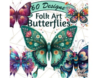 60 Png, Enchanted Folk Art Butterfly Clipart PNG, Vibrant Printable Clip Art Bundle, Whimsical Insect PNG Pack, Digital Crafting Elements