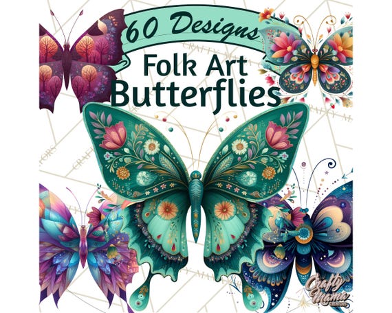 60 Png, Enchanted Folk Art Butterfly Clipart PNG, Vibrant Printable Clip Art Bundle, Whimsical Insect PNG Pack, Digital Crafting Elements