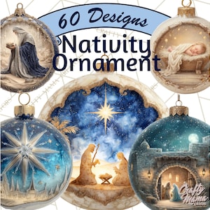Peut inclure: Une collection de boules de Noël avec des scènes de la Nativité. Les ornements sont ronds, avec des dessus dorés et diverses illustrations à l'intérieur, notamment l'étoile de Bethléem, la Sainte Famille et l'enfant Jésus. Le texte "60 Designs Nativity Ornament" est affiché.