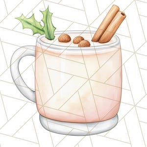 K&ouml;nnte beinhalten: Aquarell-Illustration einer Tasse gef&uuml;llt mit einem cremigen Getr&auml;nk, garniert mit Zimtstangen, Muskatnuss und einem Stechpalmenzweig. Die Tasse hat einen wei&szlig;en Henkel und steht auf einem wei&szlig;en Sockel. Der Hintergrund ist ein geometrisches Muster.