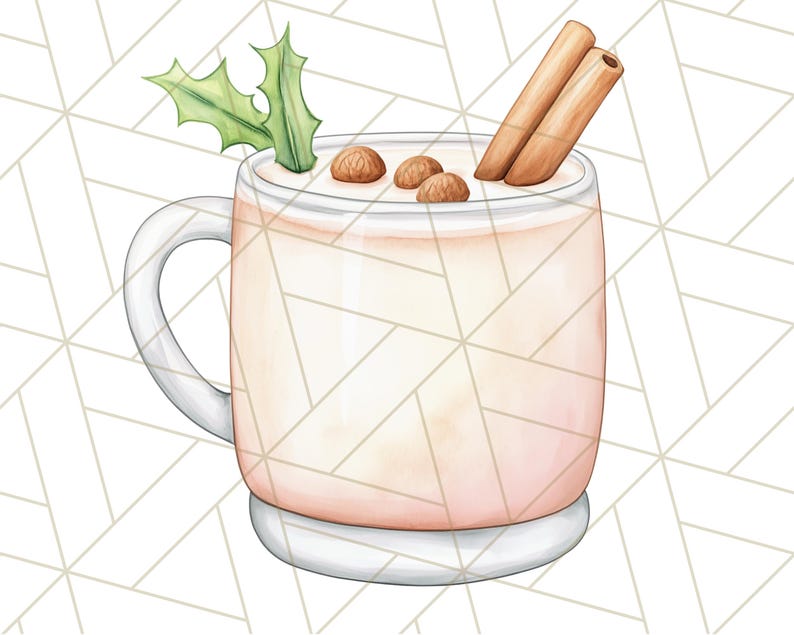 K&ouml;nnte beinhalten: Aquarell-Illustration einer Tasse gef&uuml;llt mit einem cremigen Getr&auml;nk, garniert mit Zimtstangen, Muskatnuss und einem Stechpalmenzweig. Die Tasse hat einen wei&szlig;en Henkel und steht auf einem wei&szlig;en Sockel. Der Hintergrund ist ein geometrisches Muster.