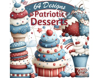 Imágenes prediseñadas de postres del 4 de julio, dulces rojos, blancos y azules en formato PNG, imágenes prediseñadas de estilo americano, imágenes prediseñadas festivas para las fiestas, cupcakes, donas y paletas heladas patrióticas.