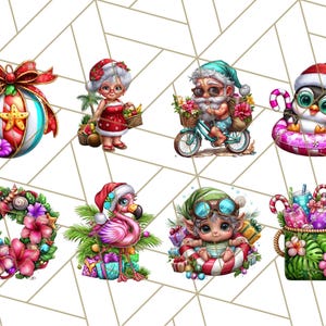 Op de afbeelding: Een verzameling grillige illustraties met kerstthema. De afbeeldingen bevatten een kerstman op een fiets, een pingu&iuml;n in een zwemband, een flamingo en een krans, allemaal met een tropische twist. Het kleurenpalet is levendig, met rood, groen en blauw.