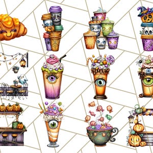 May include: A collection of whimsical Halloween-themed illustrations. The image features a smiling croissant, stacks of decorated coffee cups, and various spooky beverages with eye-shaped decorations. There are also bar scenes and a cup overflowing with candy.