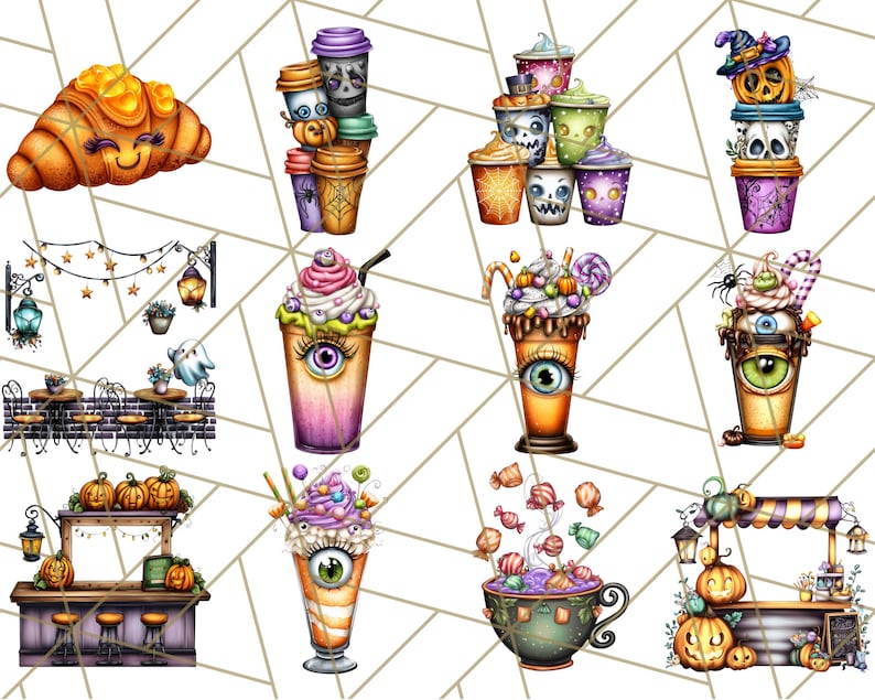 May include: A collection of whimsical Halloween-themed illustrations. The image features a smiling croissant, stacks of decorated coffee cups, and various spooky beverages with eye-shaped decorations. There are also bar scenes and a cup overflowing with candy.