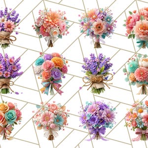 Op de afbeelding: Een verzameling van twaalf kleurrijke boeketten bloemen, elk gebonden met een lint of touw. De boeketten bevatten een verscheidenheid aan bloemen in tinten roze, paars, oranje en blauw. De achtergrond is een wit geometrisch patroon met gouden lijnen.