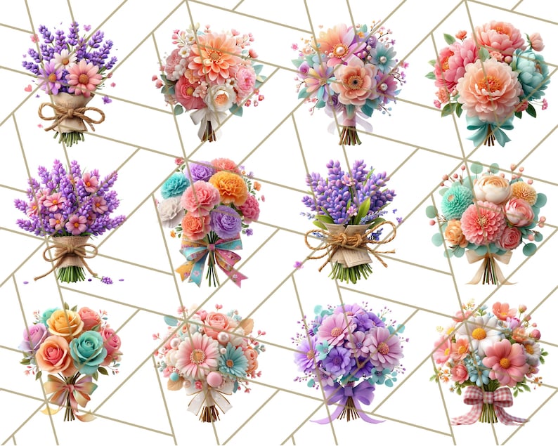 Op de afbeelding: Een verzameling van twaalf kleurrijke boeketten bloemen, elk gebonden met een lint of touw. De boeketten bevatten een verscheidenheid aan bloemen in tinten roze, paars, oranje en blauw. De achtergrond is een wit geometrisch patroon met gouden lijnen.