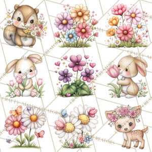 May include: A collection of watercolour illustrations featuring cute animals and flowers. A squirrel holds flowers, a rabbit sniffs a tulip, and a deer wears a floral crown. The images include daisies, butterflies, and hearts, in a soft pastel colour scheme.