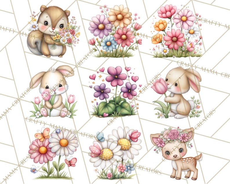 May include: A collection of watercolour illustrations featuring cute animals and flowers. A squirrel holds flowers, a rabbit sniffs a tulip, and a deer wears a floral crown. The images include daisies, butterflies, and hearts, in a soft pastel colour scheme.