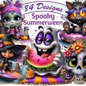 May include: A digital illustration featuring several cartoon characters with a Halloween theme. The image includes a ghost eating watermelon, a black cat wearing sunglasses, and a skull with flowers. Text reads "84 Designs Spooky Summerween."