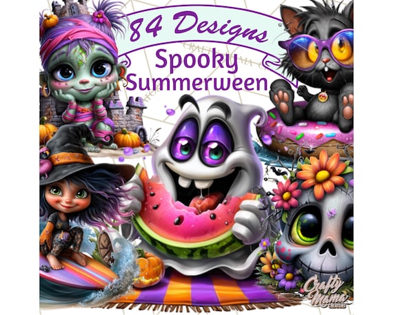 84 Summerween Clipart PNG, Cute Halloween Beach Monster, Spooky Summer Clip Art, Ghost Vampire Witch Tropical PNG, Spooky Beach PNG Clip Art