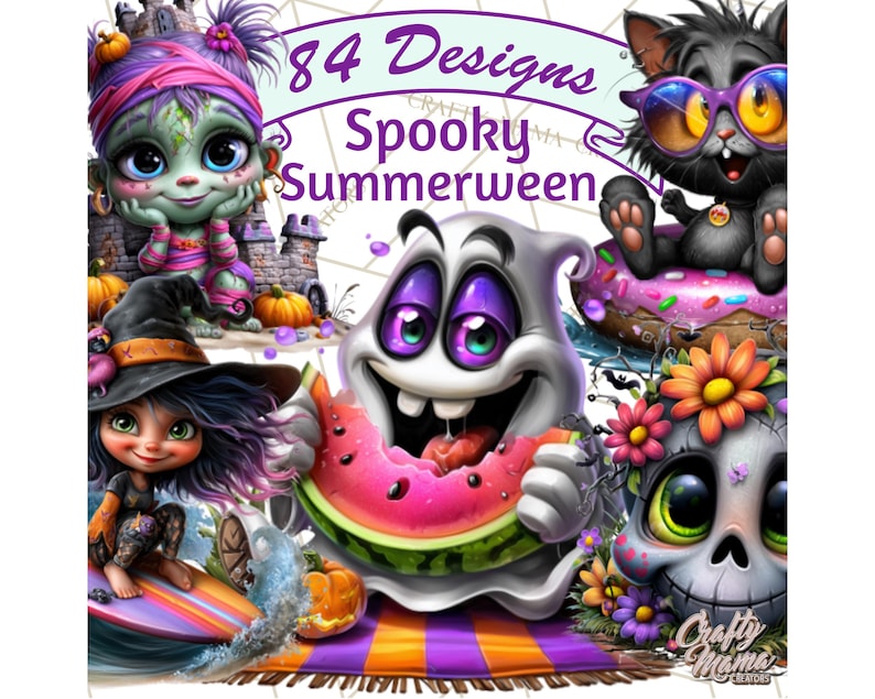 May include: A digital illustration featuring several cartoon characters with a Halloween theme. The image includes a ghost eating watermelon, a black cat wearing sunglasses, and a skull with flowers. Text reads "84 Designs Spooky Summerween."