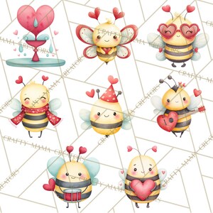 May include: Watercolor illustrations of adorable bees with hearts. One bee wears heart-shaped sunglasses, another plays a heart-shaped guitar, and others hold hearts or wear heart-themed accessories. A heart-shaped fountain is also depicted.