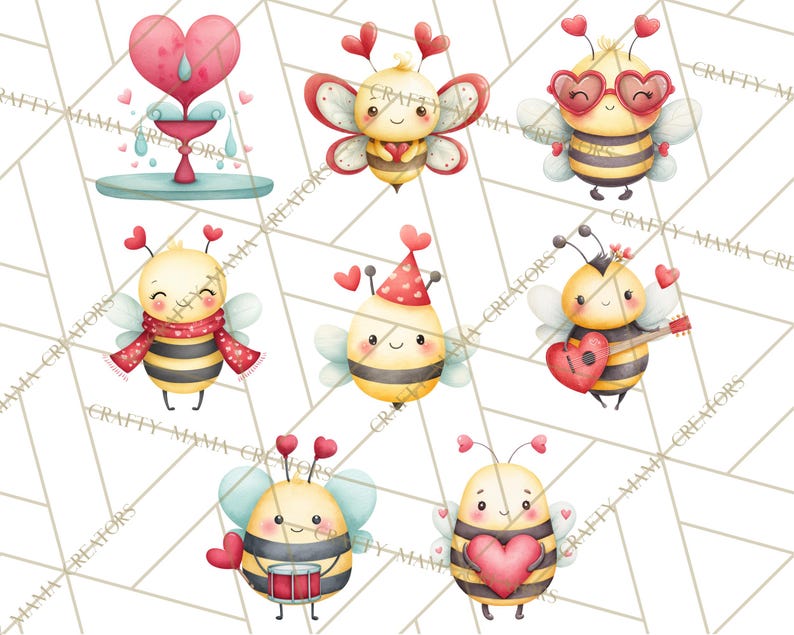 May include: Watercolor illustrations of adorable bees with hearts. One bee wears heart-shaped sunglasses, another plays a heart-shaped guitar, and others hold hearts or wear heart-themed accessories. A heart-shaped fountain is also depicted.