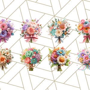 Op de afbeelding: Een assortiment van acht kleurrijke boeketten, elk met bloemen in roze, paarse, oranje en blauwe tinten. De boeketten zijn vastgebonden met linten en touw, tegen een witte geometrische achtergrond.
