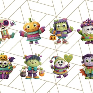 May include: A collection of eight colorful Halloween-themed cartoon characters. The characters include a skeleton, a pumpkin-headed figure, Frankenstein's monster, a cupcake, a cupcake with bat wings, another Frankenstein's monster, a gnome, and a vampire.