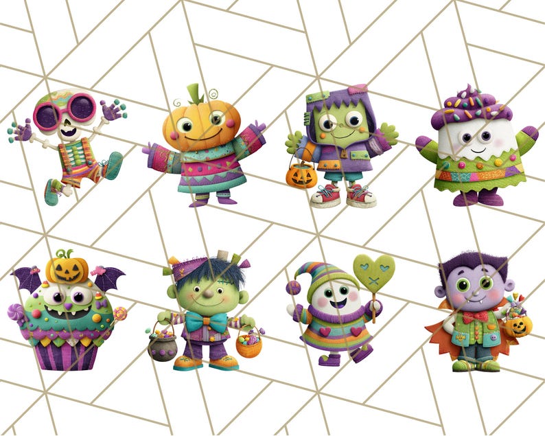 May include: A collection of eight colorful Halloween-themed cartoon characters. The characters include a skeleton, a pumpkin-headed figure, Frankenstein's monster, a cupcake, a cupcake with bat wings, another Frankenstein's monster, a gnome, and a vampire.
