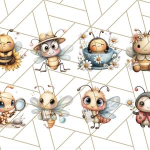 Puede incluir: Una colecci&oacute;n de ocho adorables insectos de dibujos animados, incluyendo abejas y una mariquita, cada uno con accesorios y expresiones &uacute;nicas. Los insectos est&aacute;n sobre un fondo blanco con un patr&oacute;n geom&eacute;trico.