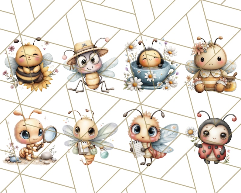 Puede incluir: Una colecci&oacute;n de ocho adorables insectos de dibujos animados, incluyendo abejas y una mariquita, cada uno con accesorios y expresiones &uacute;nicas. Los insectos est&aacute;n sobre un fondo blanco con un patr&oacute;n geom&eacute;trico.