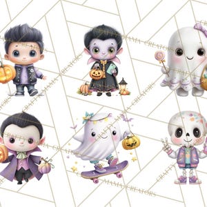 Peut inclure: Six illustrations &agrave; l'aquarelle de personnages d'Halloween, dont un vampire, un fant&ocirc;me et un squelette. Chaque personnage tient une citrouille ou des bonbons. Le fond pr&eacute;sente un motif g&eacute;om&eacute;trique blanc.