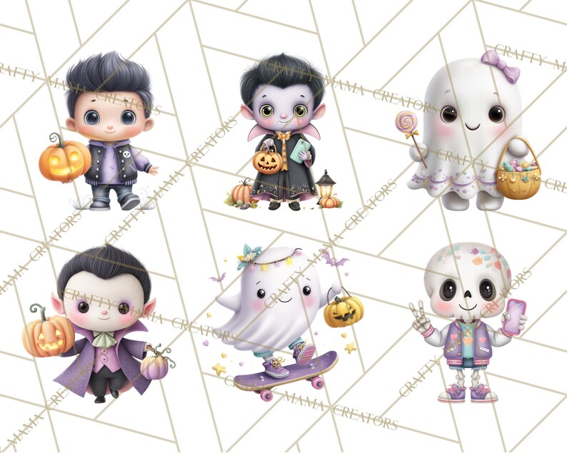 Peut inclure: Six illustrations &agrave; l'aquarelle de personnages d'Halloween, dont un vampire, un fant&ocirc;me et un squelette. Chaque personnage tient une citrouille ou des bonbons. Le fond pr&eacute;sente un motif g&eacute;om&eacute;trique blanc.