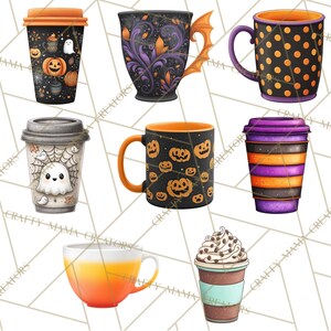 May include: Collection of Halloween-themed mugs and to-go cups. Designs include pumpkins, ghosts, spiderwebs, and bats. Colors include black, orange, purple, and white. Some cups have lids, and others have handles. The overall theme is festive and seasonal.