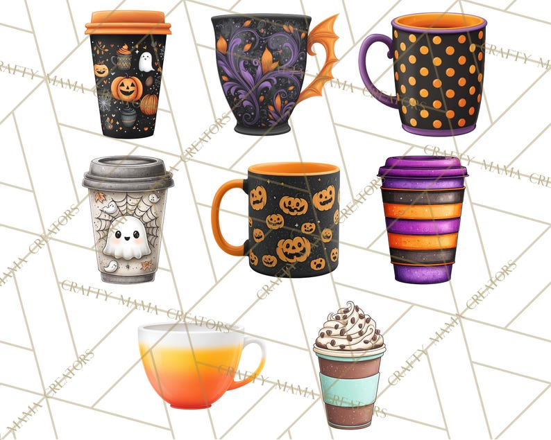 May include: Collection of Halloween-themed mugs and to-go cups. Designs include pumpkins, ghosts, spiderwebs, and bats. Colors include black, orange, purple, and white. Some cups have lids, and others have handles. The overall theme is festive and seasonal.