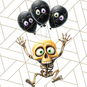 May include: A cartoon illustration of a skeleton with a yellow skull and a brown skeletal body, holding three black balloons with cartoon faces. The balloons have green and purple eyes. The background is a white geometric pattern.